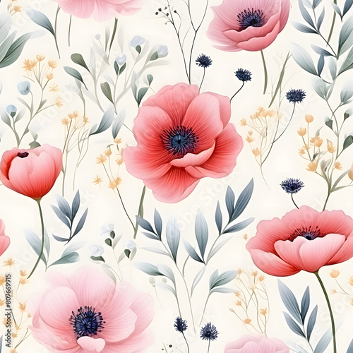seamless watercolor arrangements with small flower. Botanical illustration colorful style.