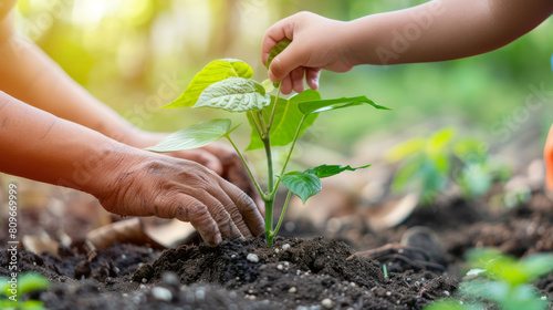 Kid hand holding green seedling, sprout over soil. New life, eco, sustainable living, zero waste, plastic free, earth day  photo