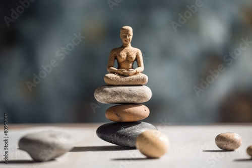 A Buddha statue seated atop a stack of rocks in a meditative pose  surrounded by a rugged outdoor setting