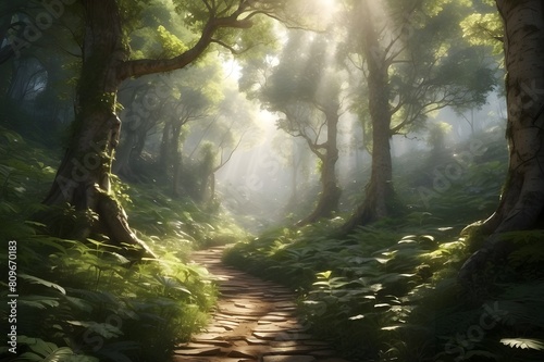  A winding path through a dense forest  illuminated by dappled sunlight filtering through the canopy
