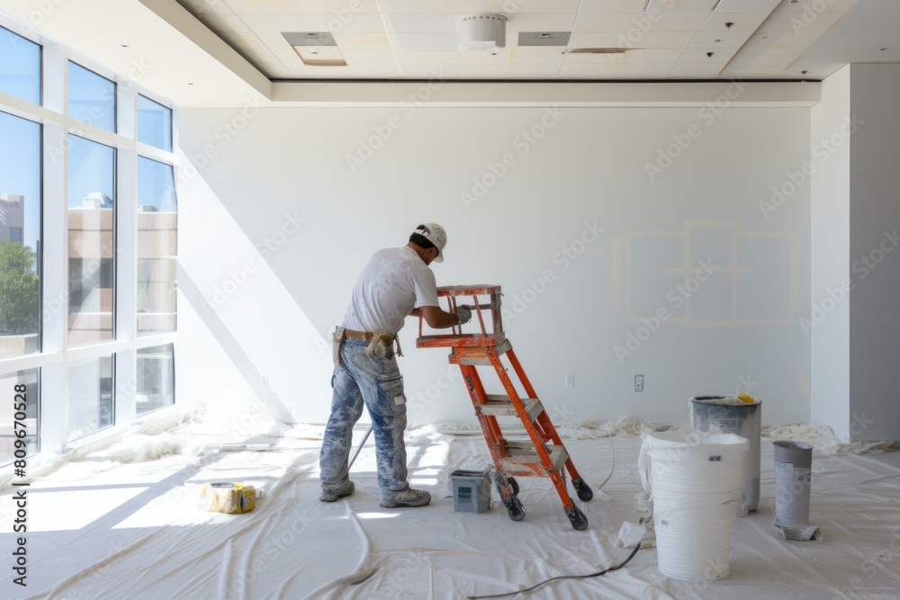 Professional painter paints a wall white in a sunny room under construction