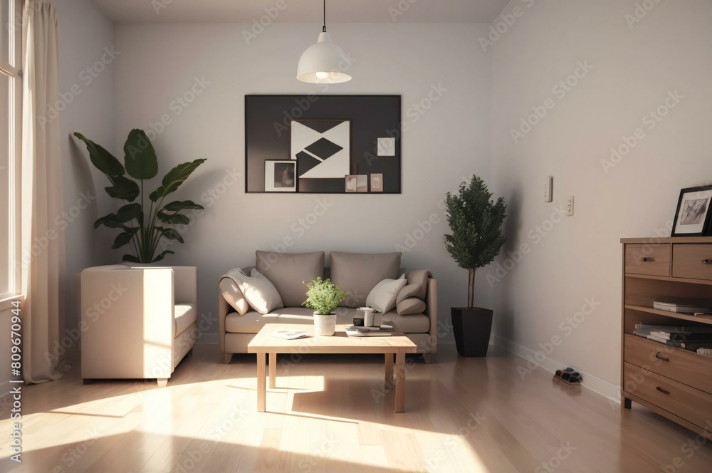 Fototapeta premium Cozy and stylish living room bathed in sunlight, featuring elegant furniture, wall art, and indoor plants for a homely vibe
