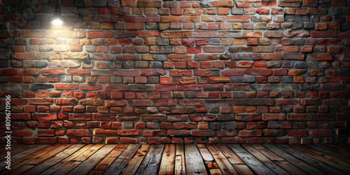 empty room with  wooden floor with spotlight on brick wall background  