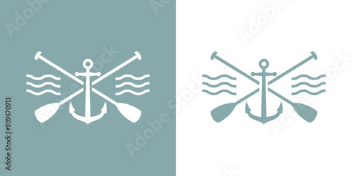 Logo nautical. Silueta de ancla de barco con remos cruzados de kayak, canoa o paddle surf con olas de mar