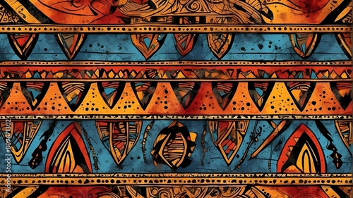 smooth African design. tribal and ethnic themes. Colors: orange, red, yellow, blue, and black. grunge style. textiles with an antique print. Hand-drawn, bohemian decoration. Illustration in two dimens