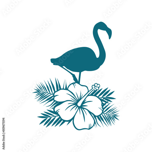 Logo vacaciones en paraíso tropical. Silueta de flamingo con flor de hibisco y hojas de la palma
