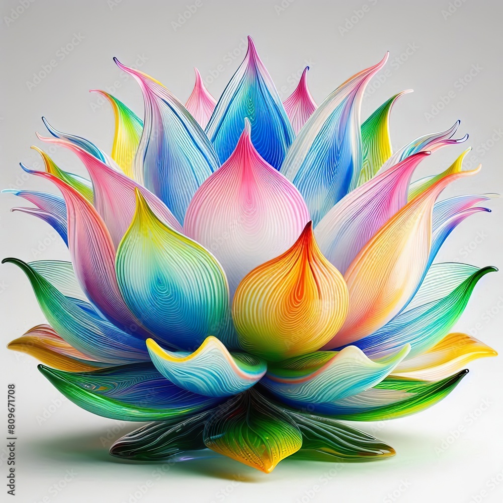A stunning blown glass sculpture of a lotus with leaves with seamlessly blended rainbow colors, white background