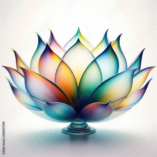 A stunning blown glass sculpture of a lotus with leaves with seamlessly blended rainbow colors, white background