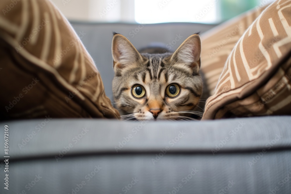Full-length portrait photography of a curious tabby cat climbing in comfy sofa