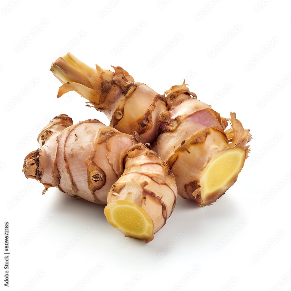 Fresh organic galangal root, a tropical plant related to ginger, used in Thai and Indonesian cuisine. Fresh organic galangal root, a tropical plant related to ginger, used in Thai and Indonesian cuisine.