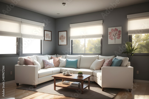 Spacious modern living room interior with white sofa, colorful pillows, and wooden furniture bathed in warm sunlight through large windows