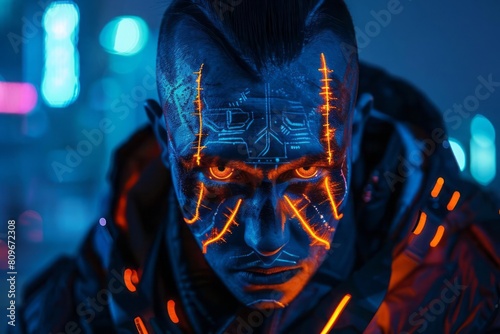 A portrait of a futuristic warrior with neon face paint, illuminated against a dark, urban backdrop photo