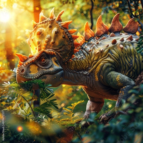 A beautiful big dinosaur is eating leaves from a tree.