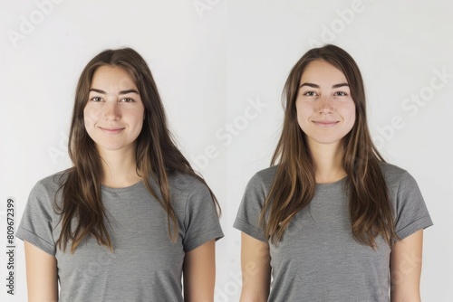 The transformation of a young woman before and after weight loss, presented side by side on a white background. The health care and diet concept