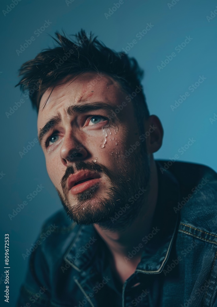 Handsome young man who is sad and crying on a blue background. Handsome young man who is sad and crying on a blue background.