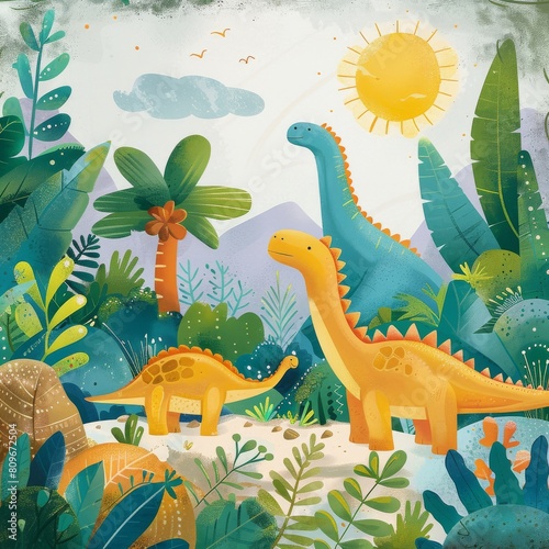 Nice children's illustration of dinosaurs in the nature. © Simona