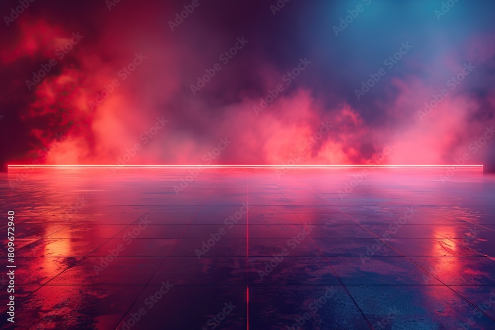 A red and blue neon lit stage with fog on the floor.