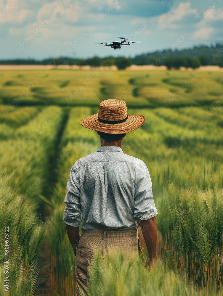 A farmer stands in a vast wheat field, remotely piloting a drone under a wide azure sky. This image depicts modern agriculture where tradition meets advanced technology. A farmer stands in a vast wheat field, remotely piloting a drone under a wide azure sky. This image depicts modern agriculture where tradition meets advanced technology.