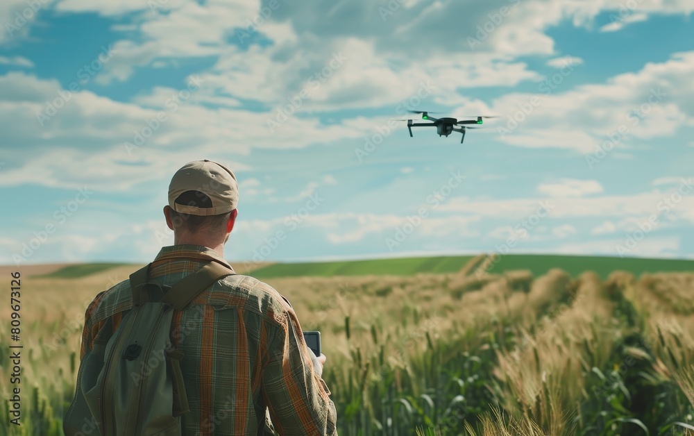 A serene scene unfolds as a man pilots a drone over lush green fields, a testament to the peaceful coexistence of technology and nature.. A serene scene unfolds as a man pilots a drone over lush green fields, a testament to the peaceful coexistence of technology and nature..