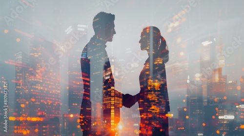 Business People Shaking Hands with City Skyline Building Background: Concept of corporate teamwork, trust partner and work agreement, partnership success of business deal, Double exposure