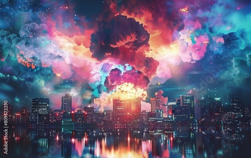 A surreal explosion envelops a city skyline at dusk, with hues of blue and red painting a dramatic scene. The reflection on the water adds a somber depth to the fiery spectacle above.