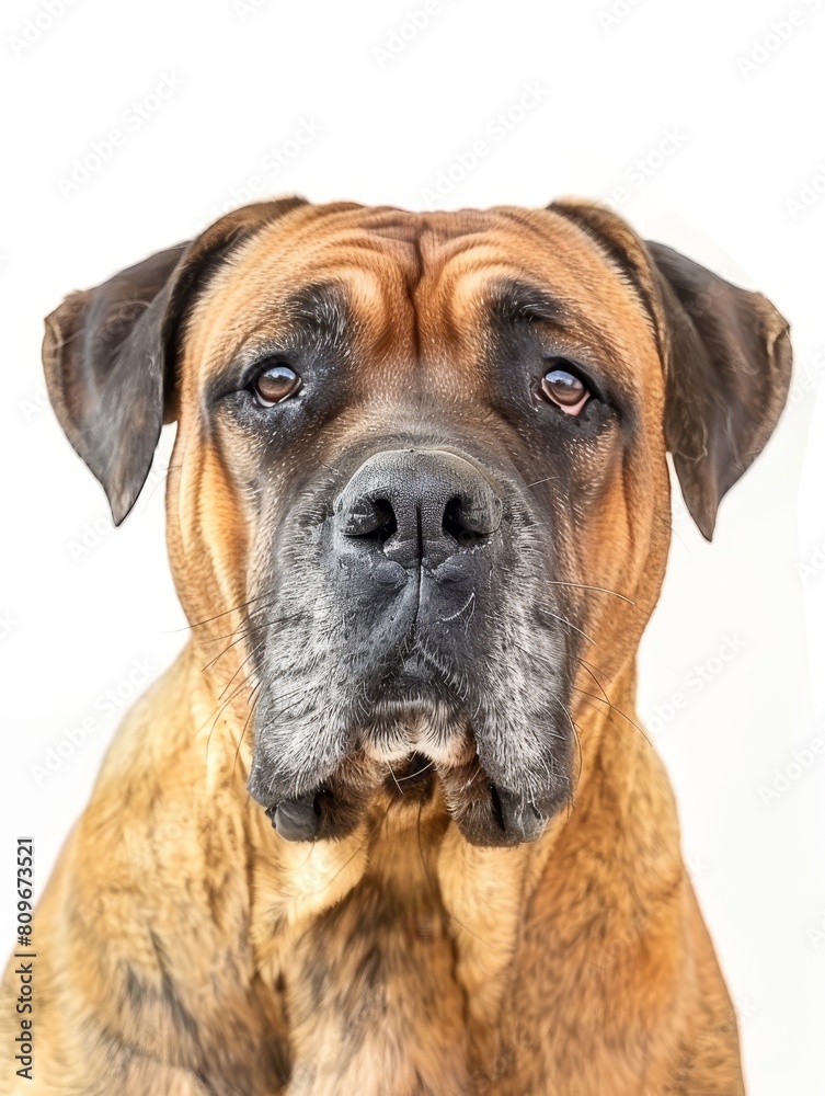 A close-up portrait of a Boxer dog with a soulful gaze, highlighted against a stark white background. The dog's expressive eyes convey a depth of character.