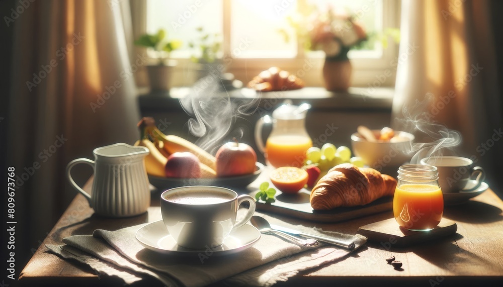 Cozy breakfast table with coffee, fruits, and pastries
