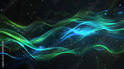 Glimmering green and blue waves dance across a dark cosmic backdrop  accented by glittering particles and a sense of ethereal movement. Ideal for projects related to space  galaxies or nebulas