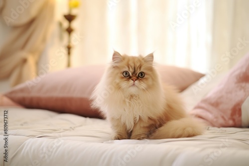 Full-length portrait photography of a curious persian cat playing in front ofn inviting bed photo