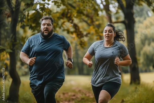 An overweight couple energetically running side by side in a lush green park, their faces showing determination and positivity. The joy of exercise and the support they provide to each other