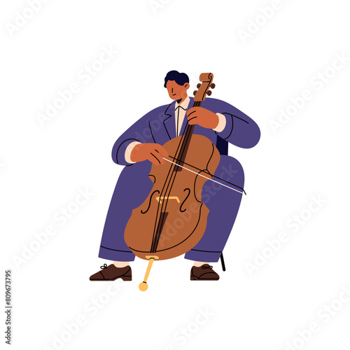 Professional musician plays cello. Violoncello player is on symphony concert. Cellist performs classical music on performance with bowed string instrument. Flat isolated vector illustration on white