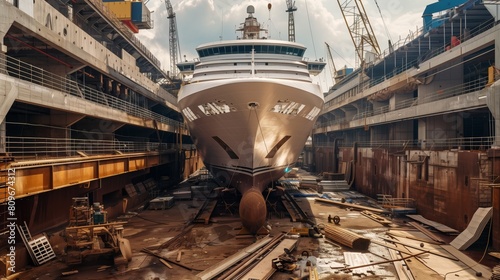 Construction of Modern Ship in Dry Dock: Shipbuilding and Cruise Liners photo