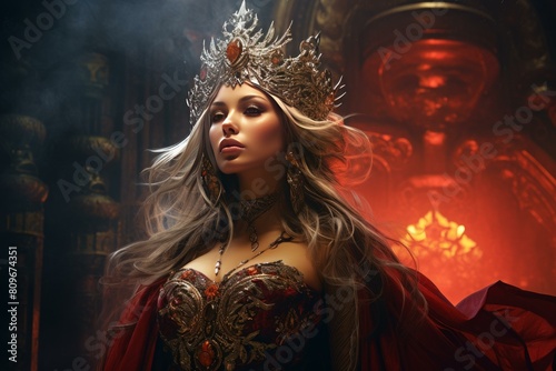 Captivating queen adorned with a luxurious crown and elegant gown in a mystical setting photo
