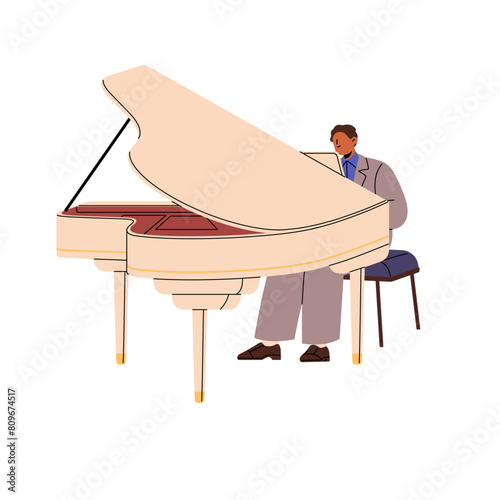 Concert grand piano player performs. Pianist plays symphony in classical music performance. Professional musician is on philharmonic stage. Flat isolated vector illustration on white background