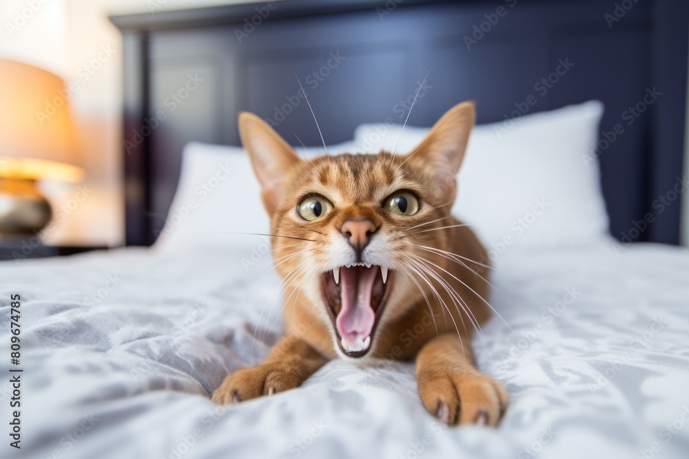 Environmental portrait photography of a bored abyssinian cat meowing onn inviting bed