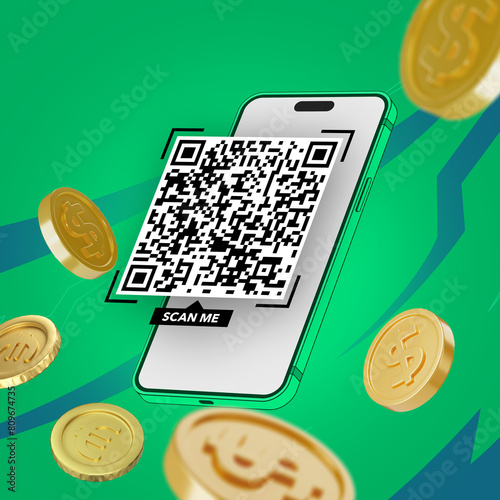 Scan Qr code and pay with mobile phone. Mobile scan QR code pay bill on top of invoice on blue background. Convenient and fast mobile bill payment