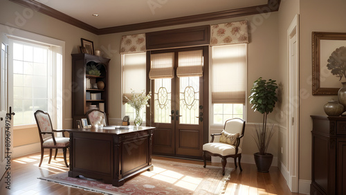 Well-lit home office space with classic wooden furniture, intricate window designs, and a warm welcoming atmosphere for productivity and comfort