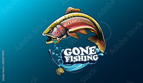 NOT AI. Rainbow trout jumping out of water. Salmon isolated on white background. Isolated handrawn  fishing logo vector . photo