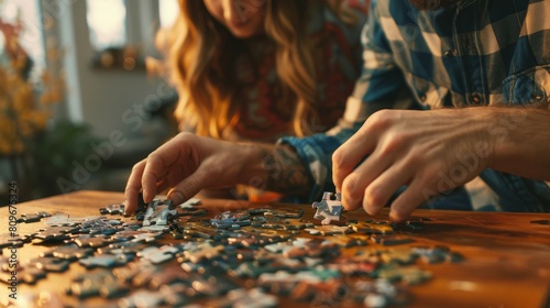 Two people are putting puzzle pieces together.
