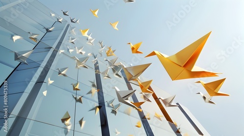 Origami Phoenix Bird Leading Silver Counterparts Atop Building Embodying Leadership and Courage Generative ai