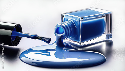 Blue Gel Nail Polish Close up, Macro, poured, spilled from the bottle with brush on white background, top view