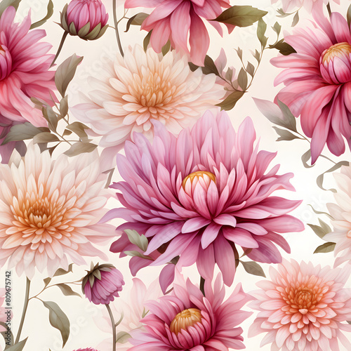 seamless watercolor arrangements with beautiful aster flower. Botanical illustration colorful style.