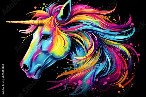 Digital art of a vibrant, colorful unicorn with a glowing neon mane, set against a bold black background © juliars