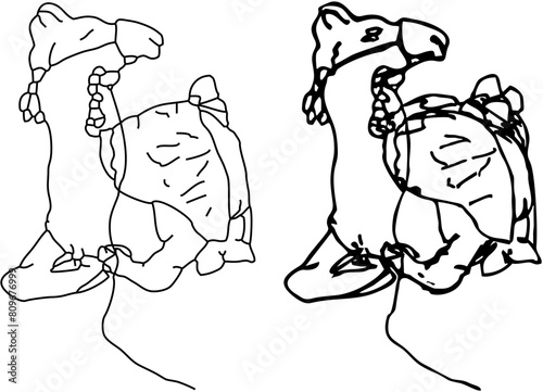 A camel sitting on the ground, with a walking saddle and hanging embellishments on the harness. Simple line drawing and ink option