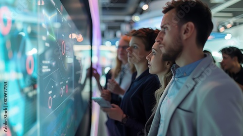 Professionals Engaging with Interactive Technology at a Tech Expo