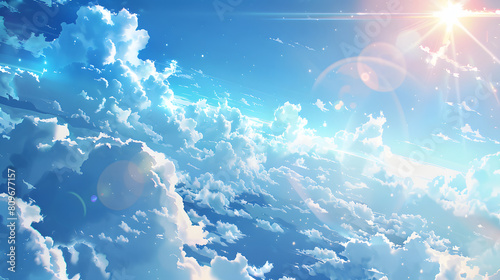 青空と白い雲と太陽のフレア