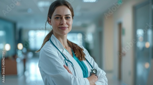 Professional Woman with Stethoscope Smiling photo