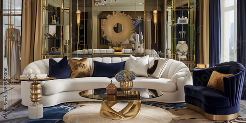 Vintage Glamour: Design an interior space inspired by the golden age of Hollywood, featuring plush velvet upholstery, mirrored surfaces, and glamorous Art Deco accents.