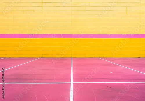 A stark image juxtaposing the lines of a tennis court against a vibrantly painted yellow and pink wall © qorqudlu