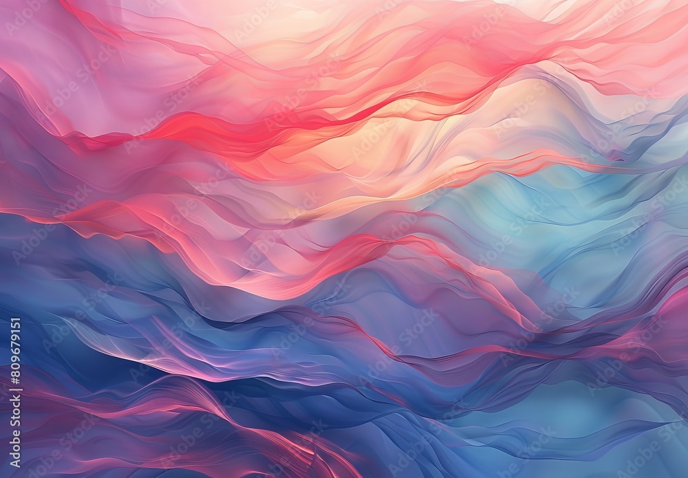 An artful digital painting with vibrant waves of blue, pink, and red colors resembling silk fabric texture